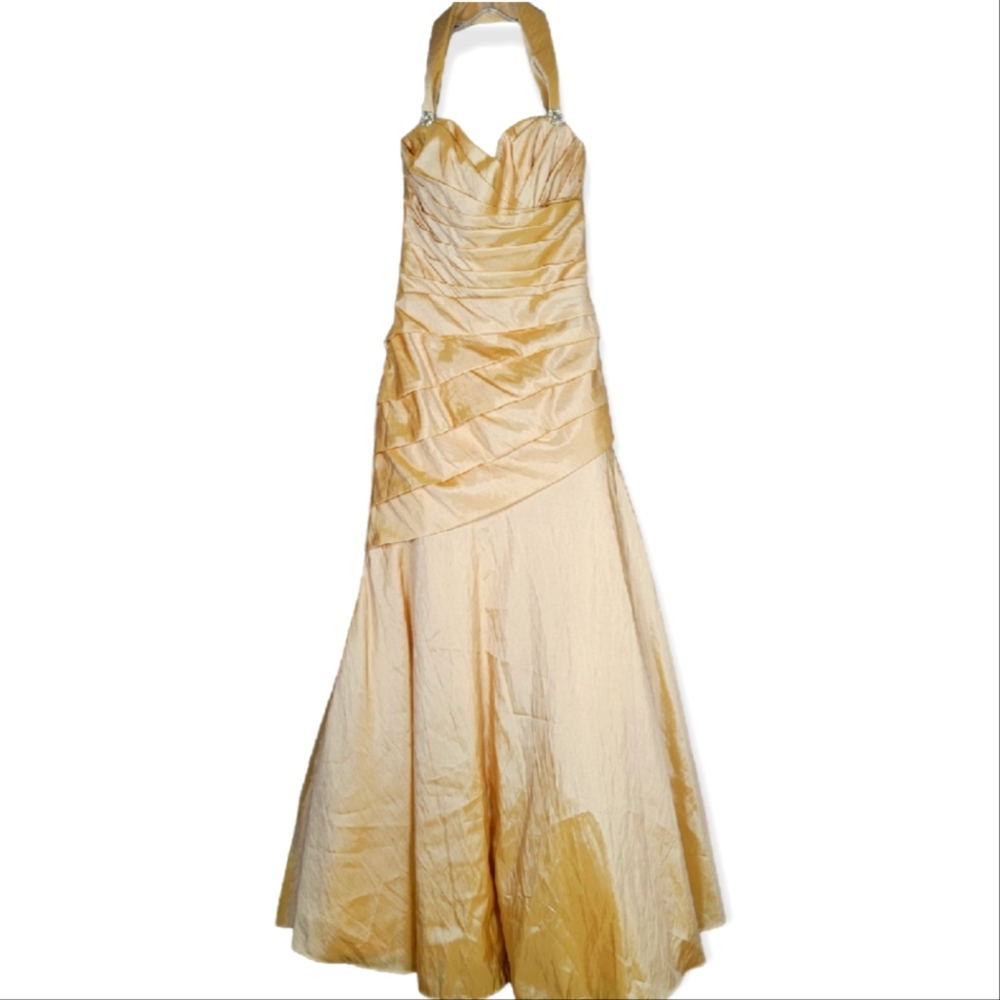 Alexia Gold Halter Trumpet Silhouette Floor Length Gown, Embellishments, EUC s 6
